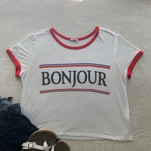White w/ Red Trim Flowy "Bonjour" Crop Top